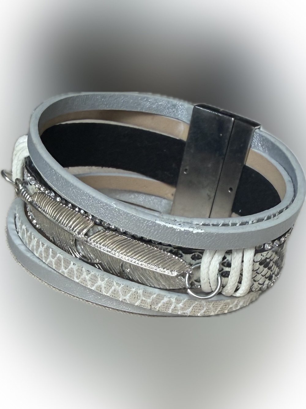 Silver Multi-Row Leather Wrap Bracelet with Feather Accent